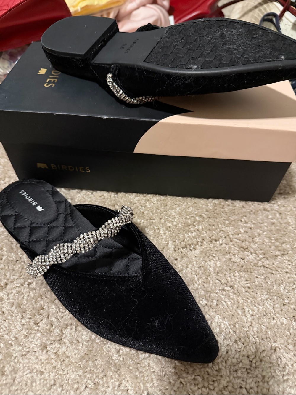 Birdies Black Velvet Pointed-Toe Mule with Crystal Strap